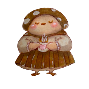 Finch in a mushroom-cap towel wrap holding a warm drink, eyes blissfully closed