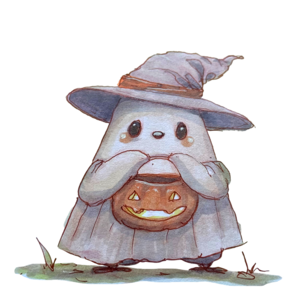 Finch under a ghost sheet and a pointed witch hat, carrying a jack-o-lantern pail