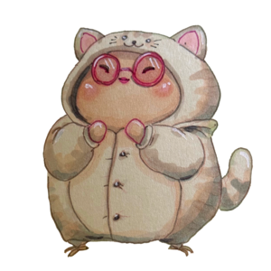 Delighted finch in a cat onesie and round pink glasses