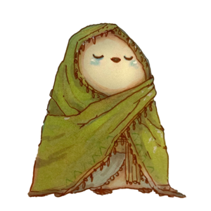 Finch wrapped head to toe in a soft olive shawl, eyes gently closed