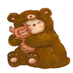 Finch in a bear onesie hugging a tiny fluffy llama plush