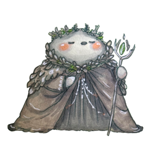 Regal finch in a grey robe and a leafy crown, holding a slender sceptre