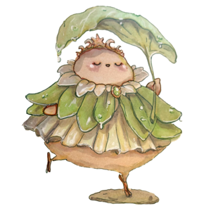 Finch in a leafy fairy skirt twirling on one foot under a dewy leaf umbrella