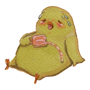 Feverish yellow finch bundled in a blanket with an ice pack, looking clammy