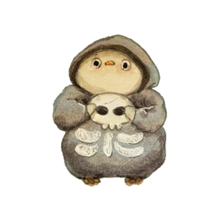 Wide-eyed finch peeking out of a grey hoodie with a skull-and-bones costume