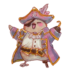 Pirate captain finch with an eyepatch, feathered hat, hook, and peg leg